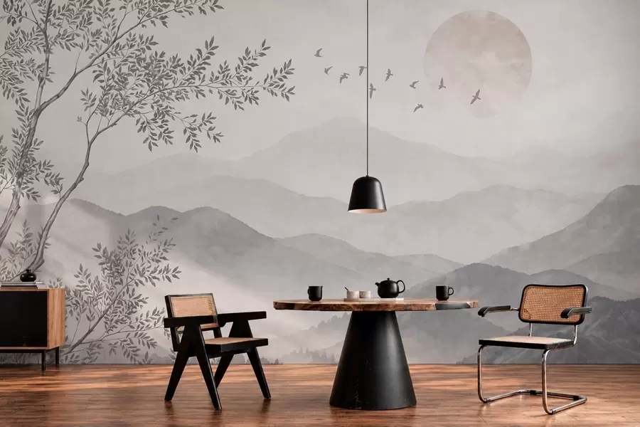 wall murals Pale mountain scenery with a tree and birds w05924v2