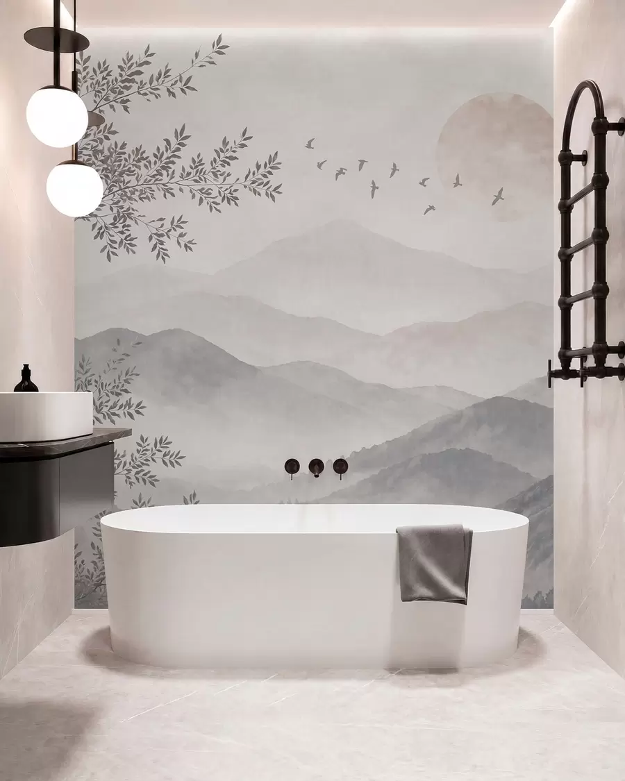 wall murals Pale mountain scenery with a tree and birds w05924v2