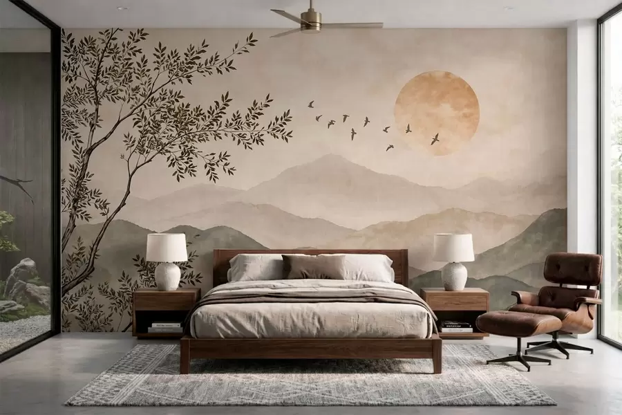 wall murals Mountain ridges with a tree, birds and sun w05924v3