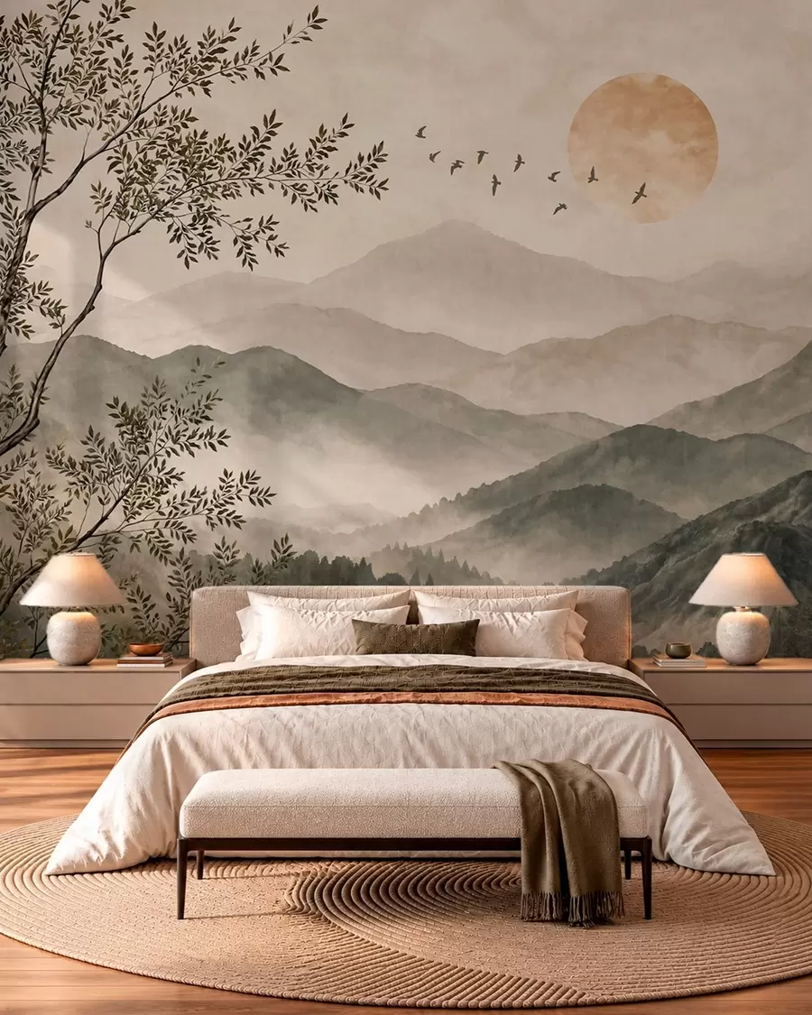 wall murals Mountain ridges with a tree, birds and sun w05924v3