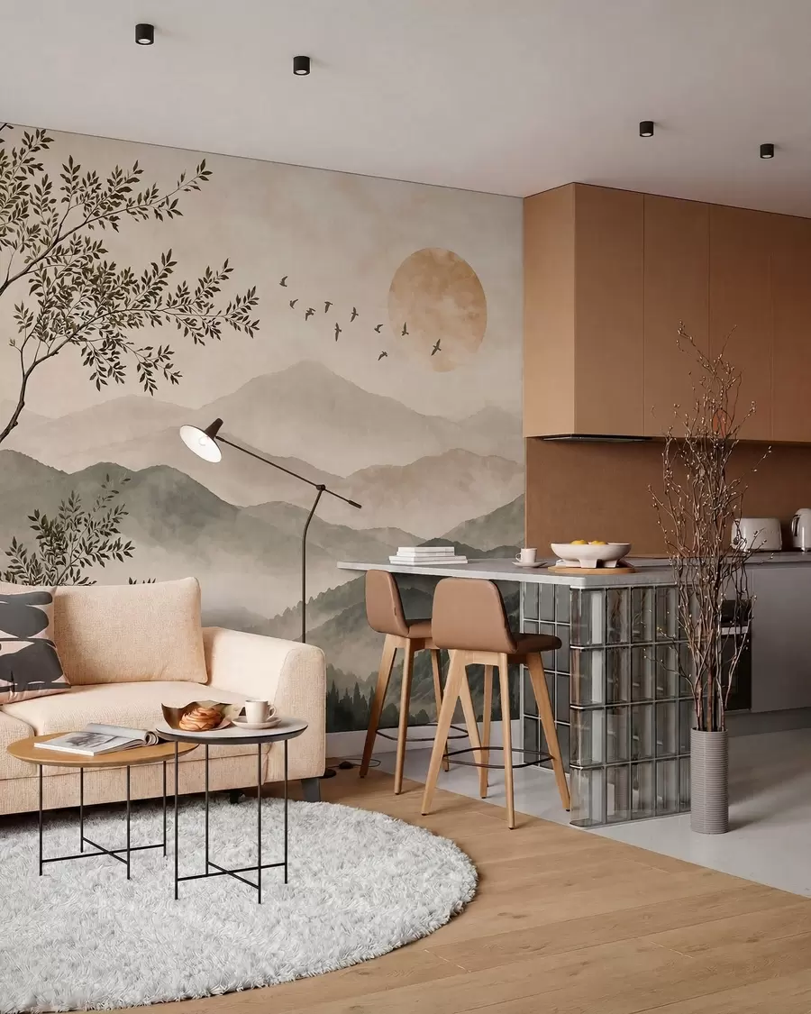 wall murals Mountain ridges with a tree, birds and sun w05924v3