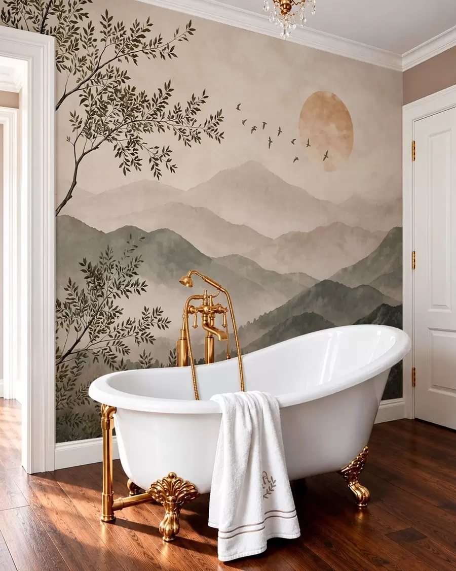 wall murals Mountain ridges with a tree, birds and sun w05924v3