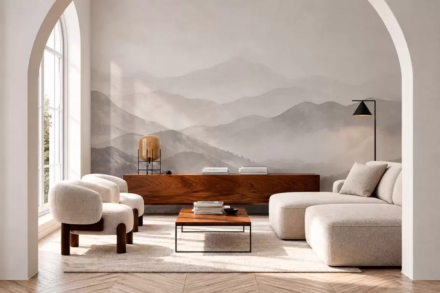 wall murals Misty mountains in soft neutral tones w05925v1