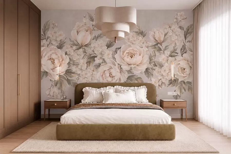 wall murals Delicate cream flowers and green leaves in a pastel palette w05926