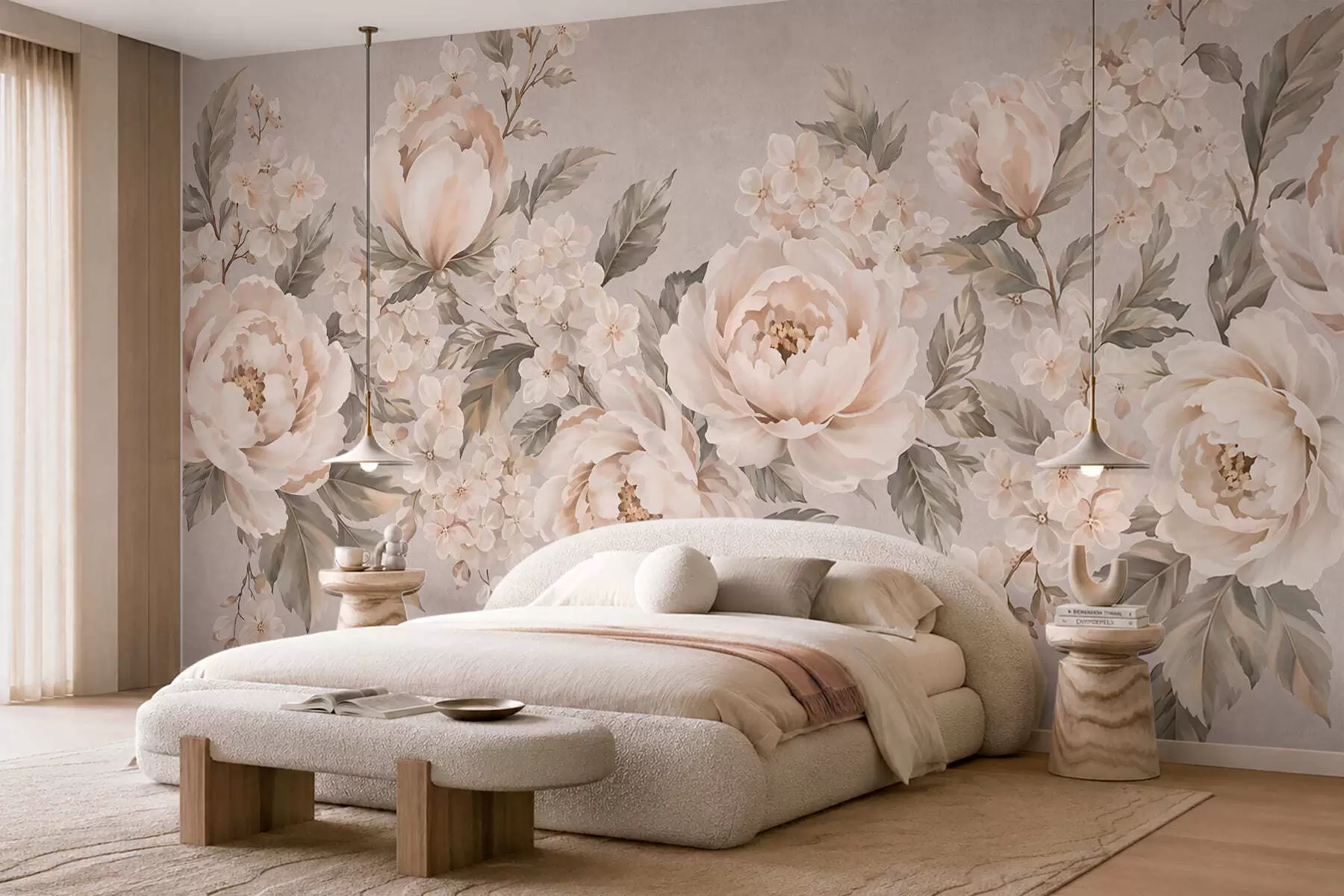 wall murals Delicate cream flowers and green leaves in a pastel palette w05926