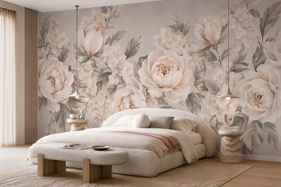 wall murals Delicate cream flowers and green leaves in a pastel palette w05926