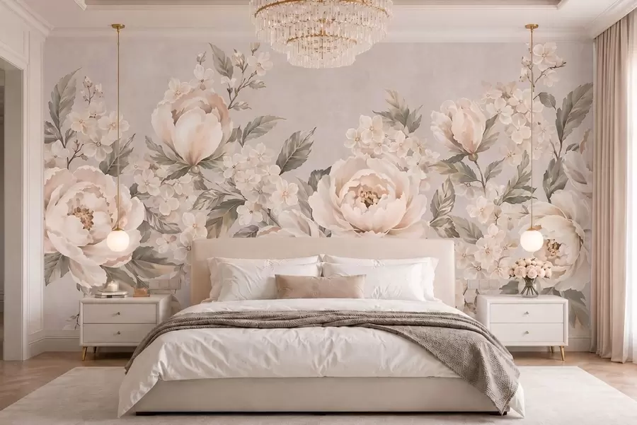 wall murals Delicate cream flowers and green leaves in a pastel palette w05926