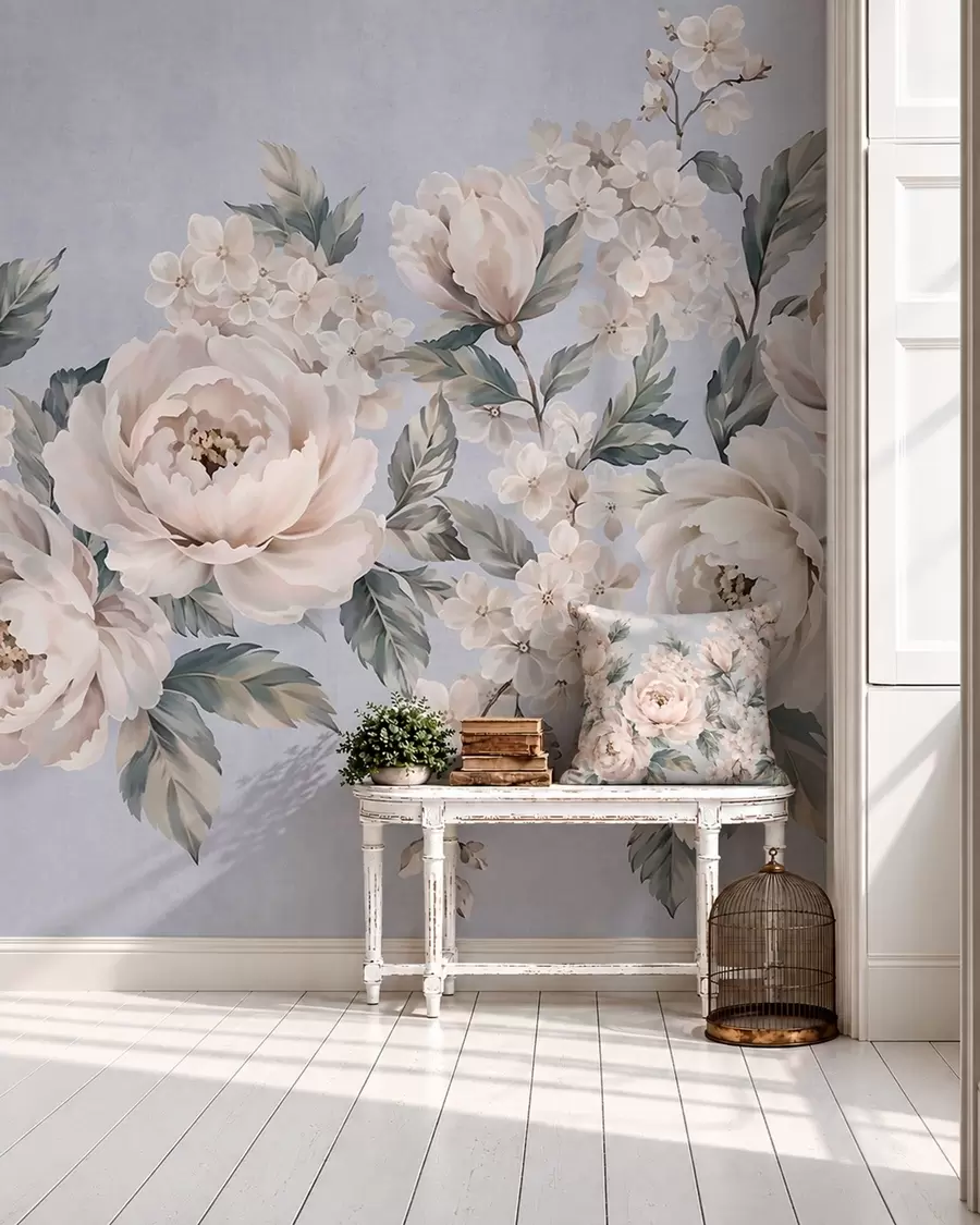 wall murals Delicate pale flowers with leaves on a blue background w05926v1
