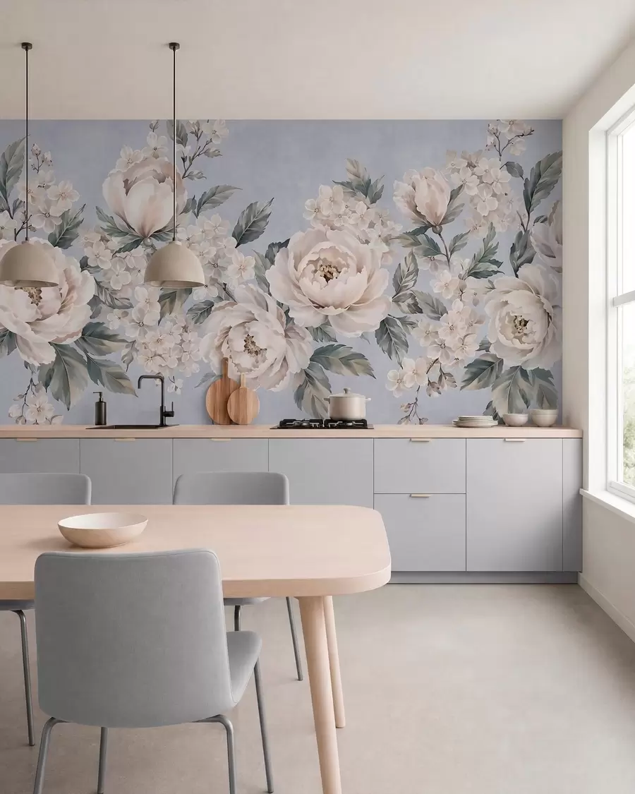 wall murals Delicate pale flowers with leaves on a blue background w05926v1