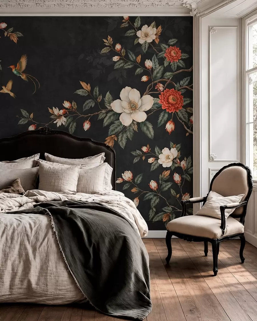 wall murals Flowering branches and two birds on a dark background w05927