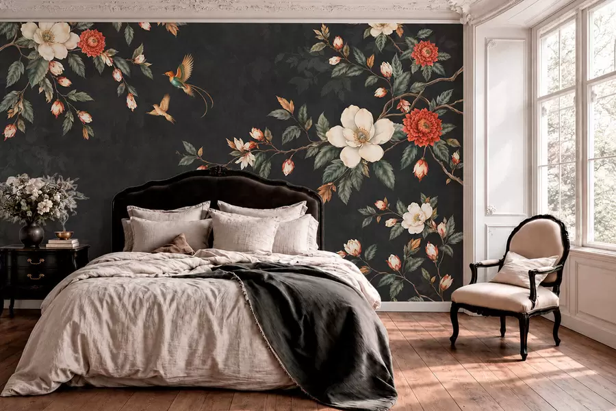 wall murals Flowering branches and two birds on a dark background w05927