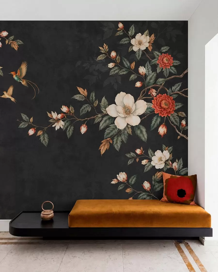 wall murals Flowering branches and two birds on a dark background w05927