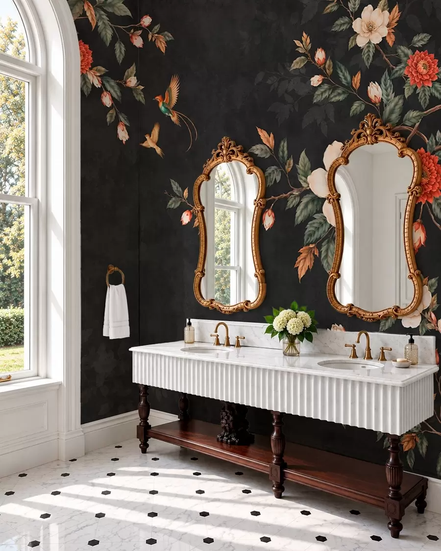 wall murals Flowering branches and two birds on a dark background w05927