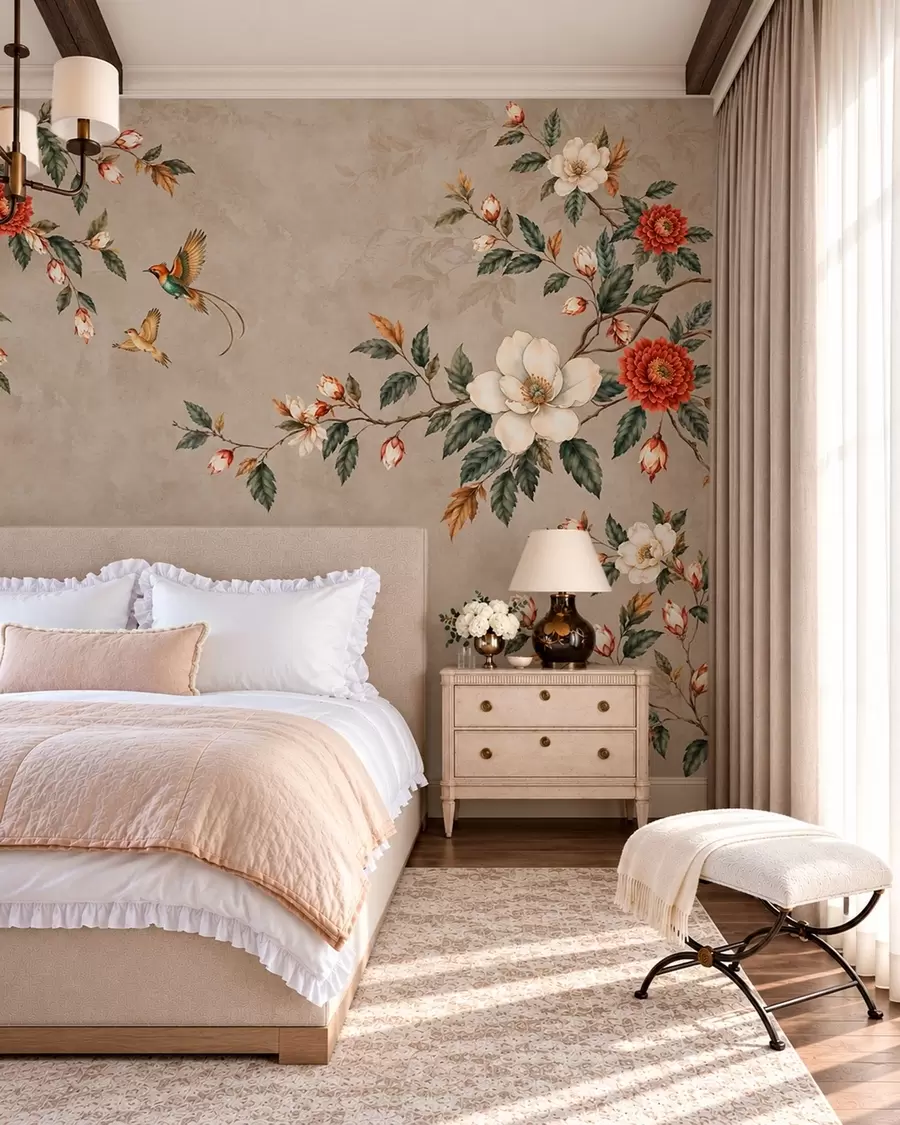 wall murals Flowers, green leaves and two birds on a light background w05927v1