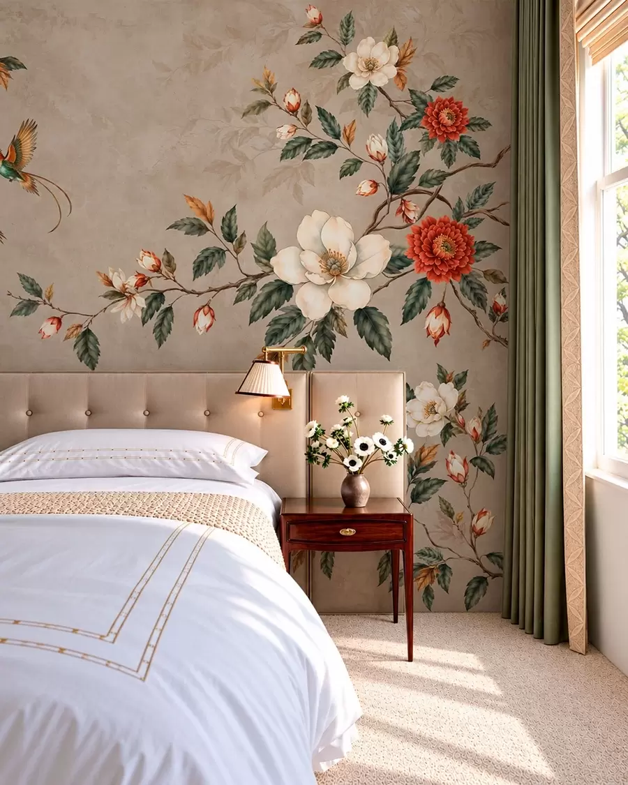 wall murals Flowers, green leaves and two birds on a light background w05927v1