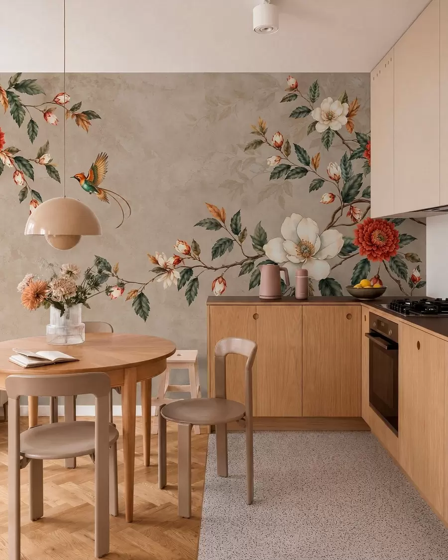 wall murals Flowers, green leaves and two birds on a light background w05927v1