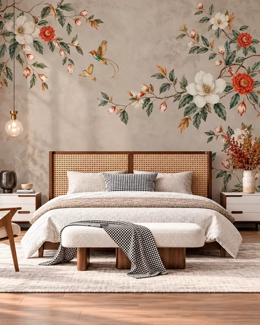 wall murals Flowering branches and two birds on a beige background w05927v2