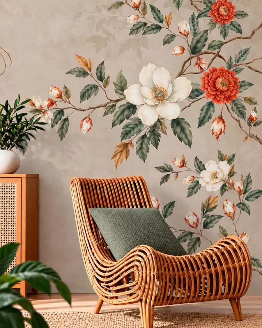 wall murals Flowering branches and two birds on a beige background w05927v2