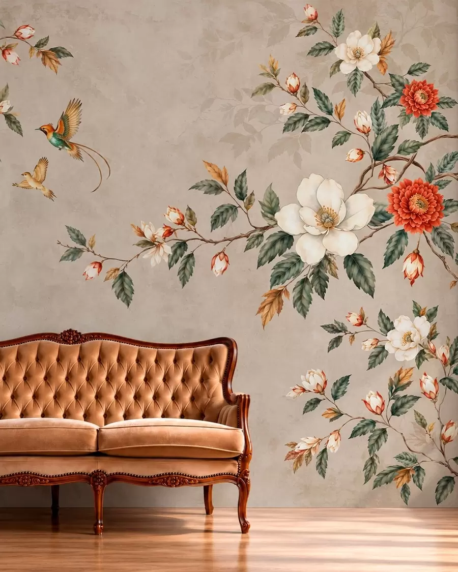wall murals Flowering branches and two birds on a beige background w05927v2
