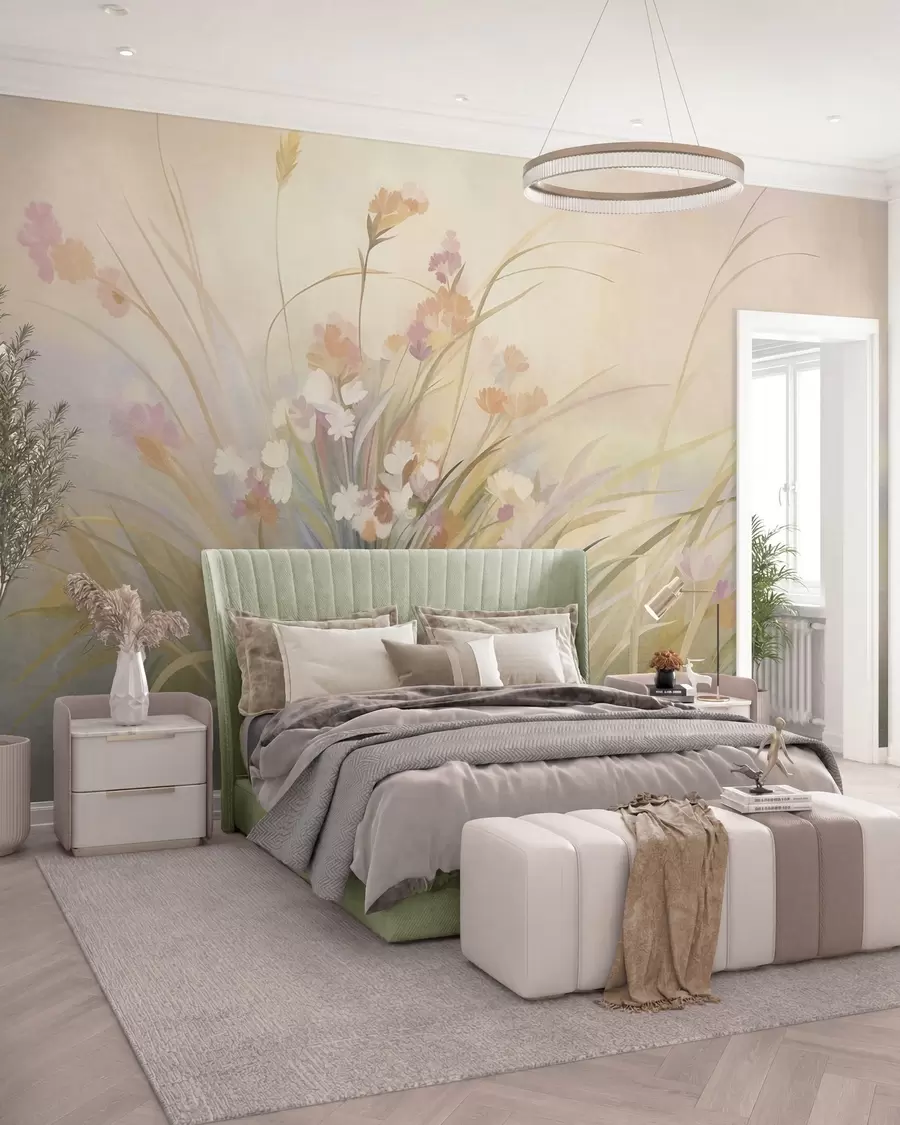 wall murals Tall grass and wildflowers in soft pastel colors, textured art w10062