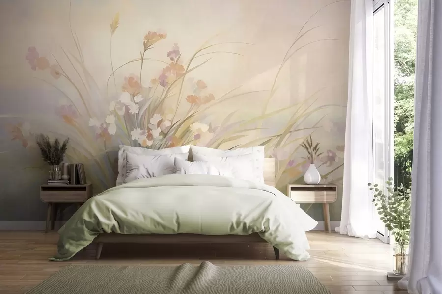 wall murals Tall grass and wildflowers in soft pastel colors, textured art w10062