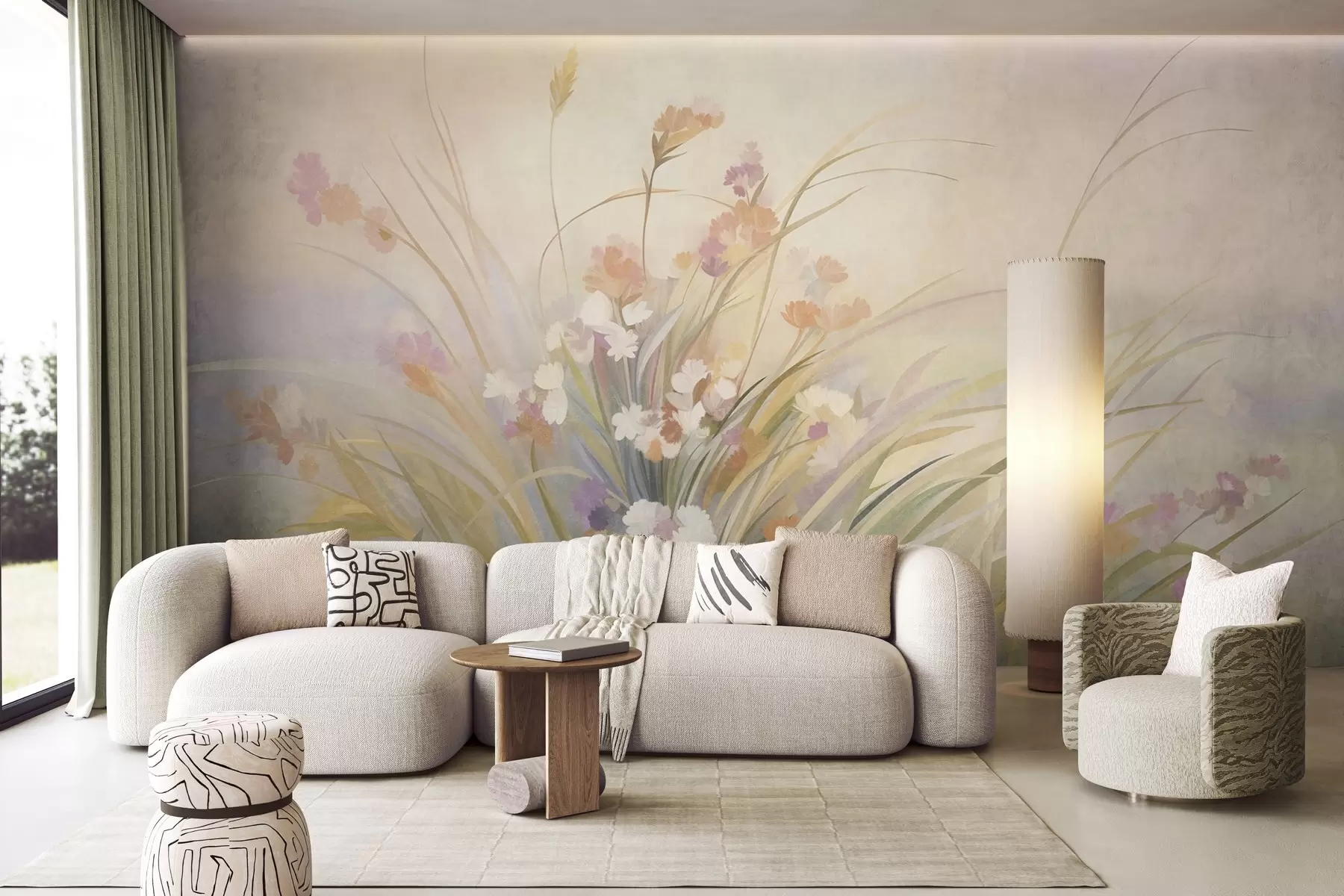 wall murals Tall grass and wildflowers in soft pastel colors, textured art w10062