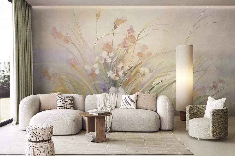 wall murals Tall grass and wildflowers in soft pastel colors, textured art w10062