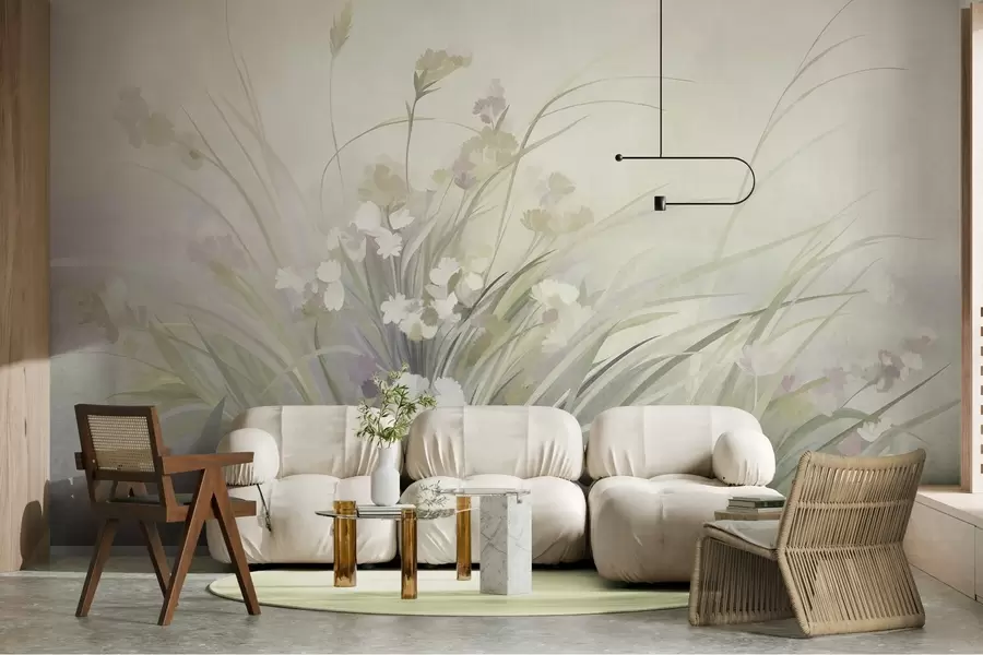 wall murals Tall grass and wildflowers in soft green colors, textured art w10062v1