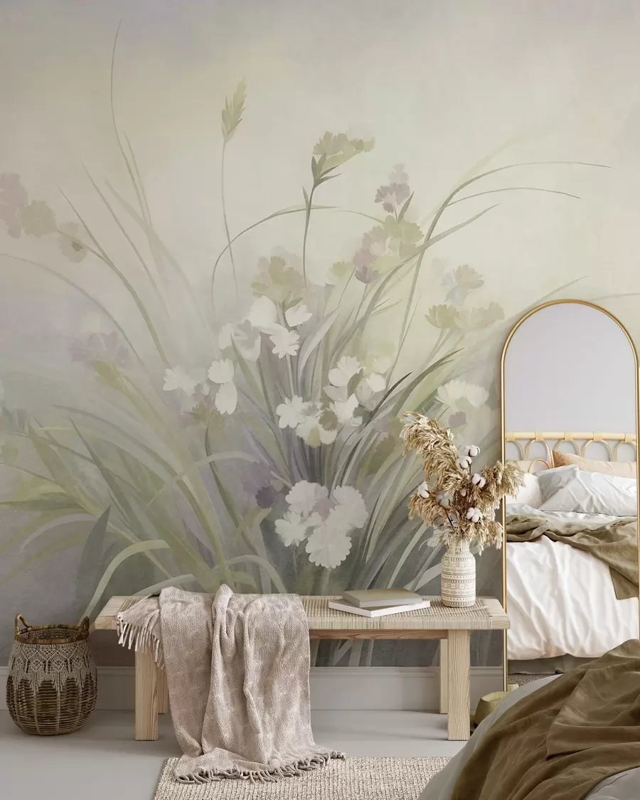 wall murals Tall grass and wildflowers in soft green colors, textured art w10062v1