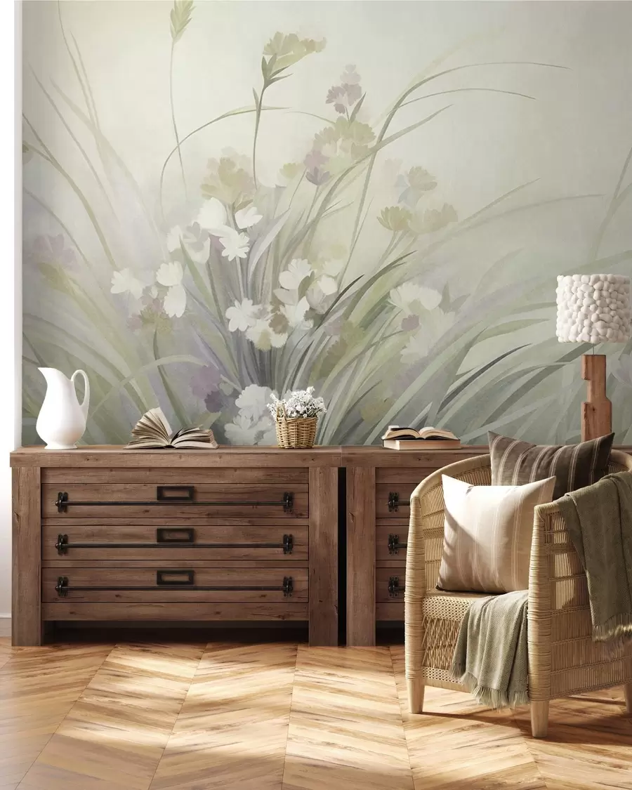 wall murals Tall grass and wildflowers in soft green colors, textured art w10062v1