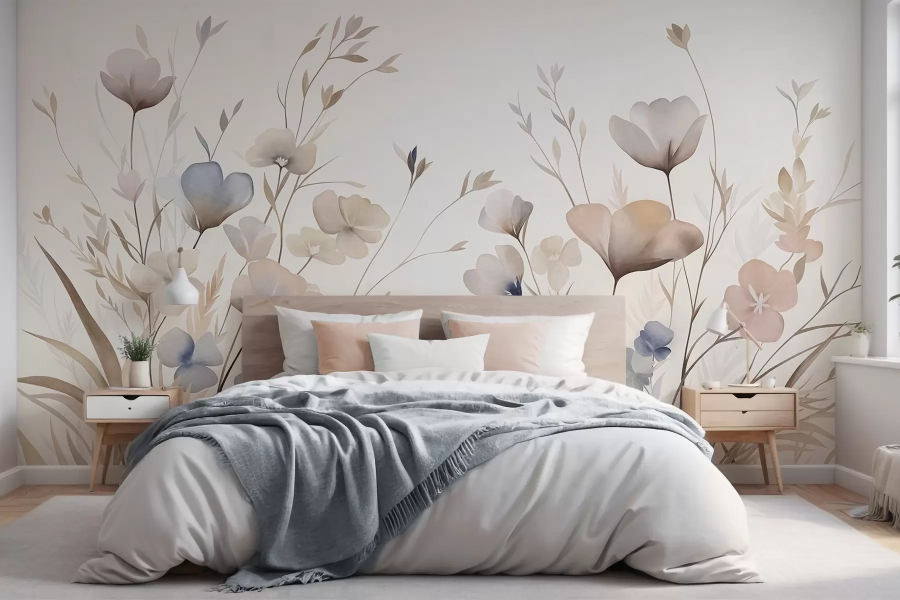wall murals Delicate wildflowers in pastel shades of blue, pink and beige with tall grass w10065