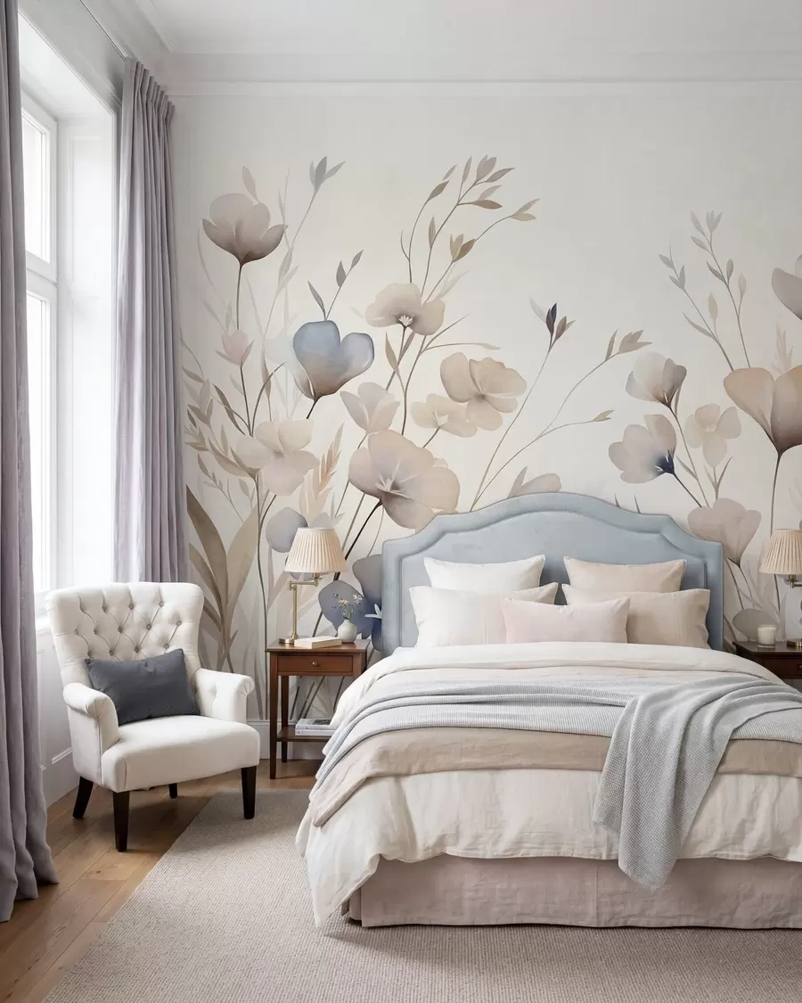wall murals Delicate wildflowers in pastel shades of blue, pink and beige with tall grass w10065