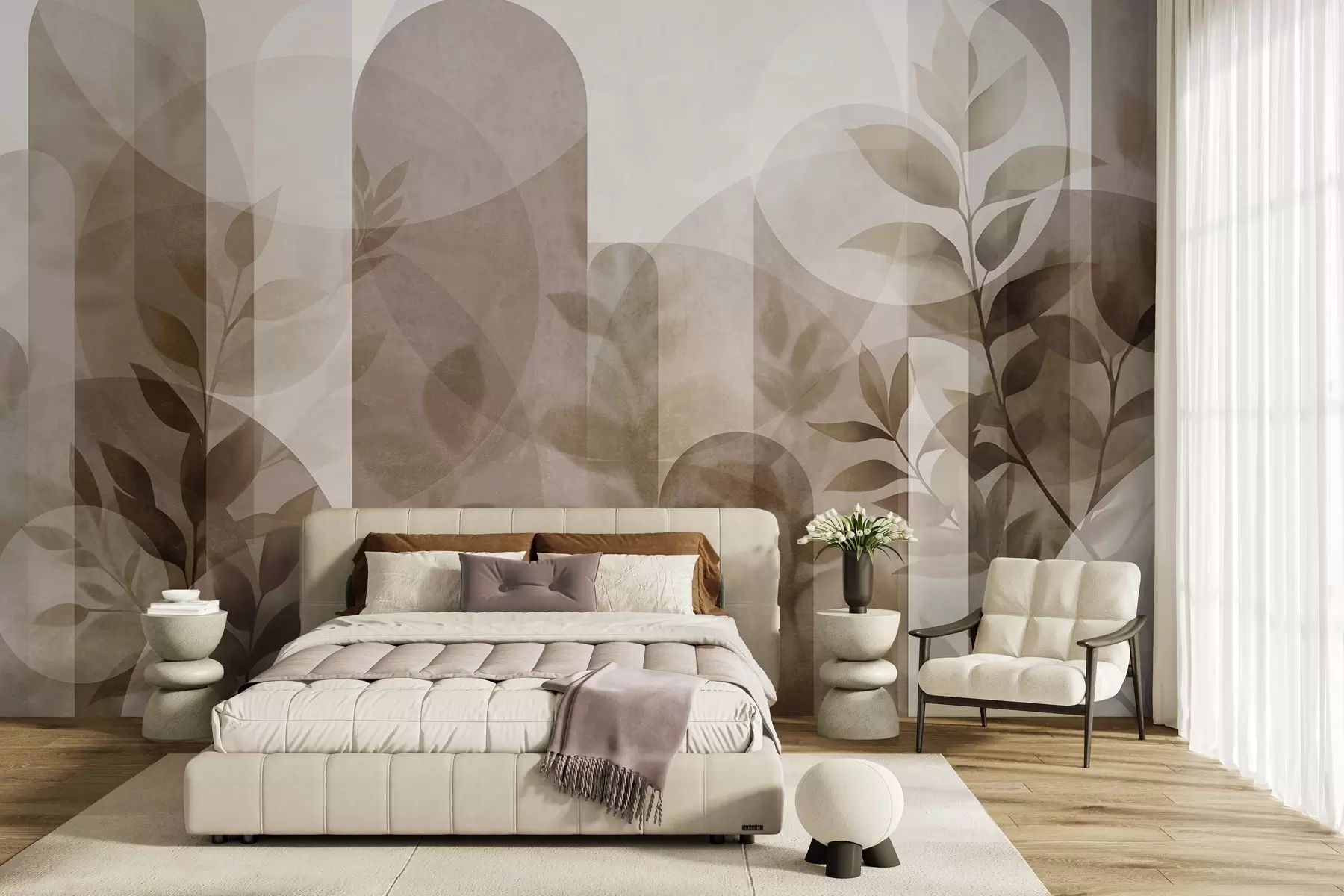 wall murals Abstract geometric elements and delicate leaves in muted brown and beige w10088