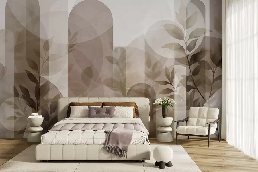 wall murals Abstract geometric elements and delicate leaves in muted brown and beige w10088