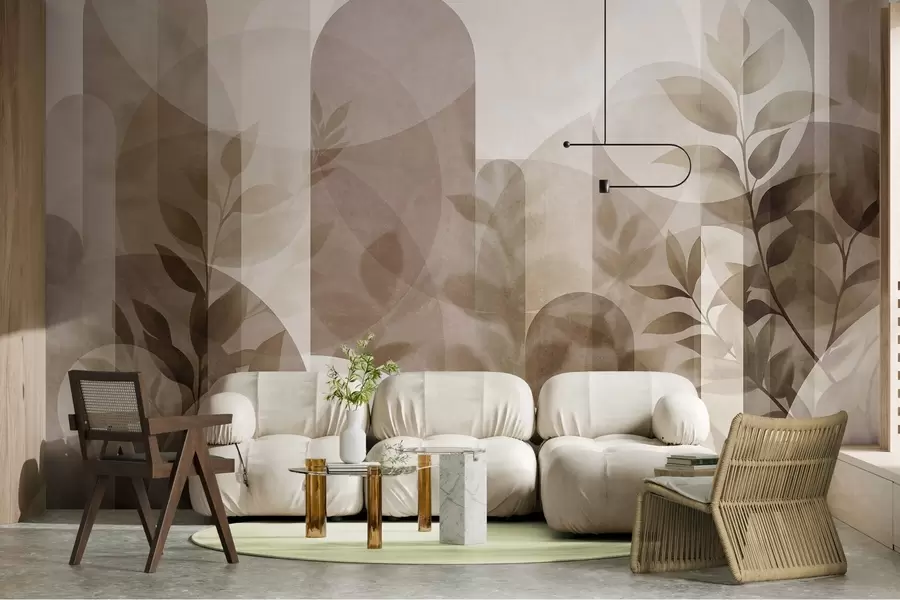 wall murals Abstract geometric elements and delicate leaves in muted brown and beige w10088