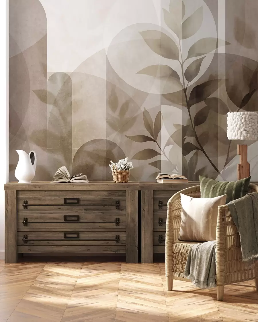 wall murals Abstract geometric elements and delicate leaves in muted brown and beige w10088