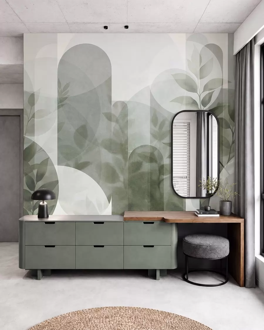 wall murals Abstract geometric elements and delicate leaves in muted green w10088v1