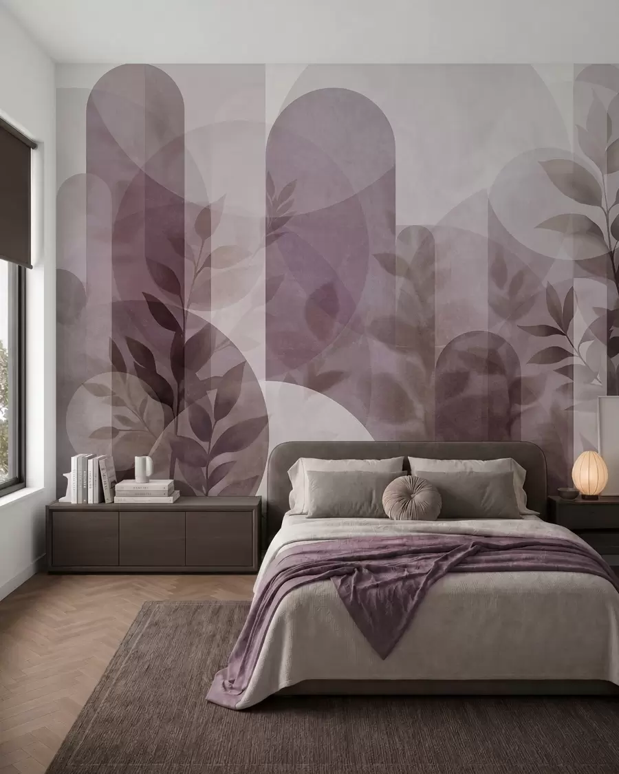wall murals Abstract geometric elements and delicate leaves in muted pink w10088v2