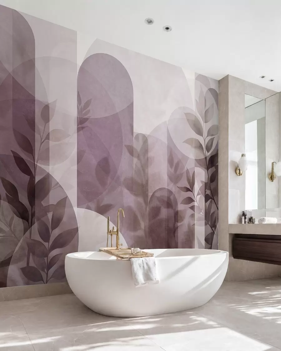 wall murals Abstract geometric elements and delicate leaves in muted pink w10088v2