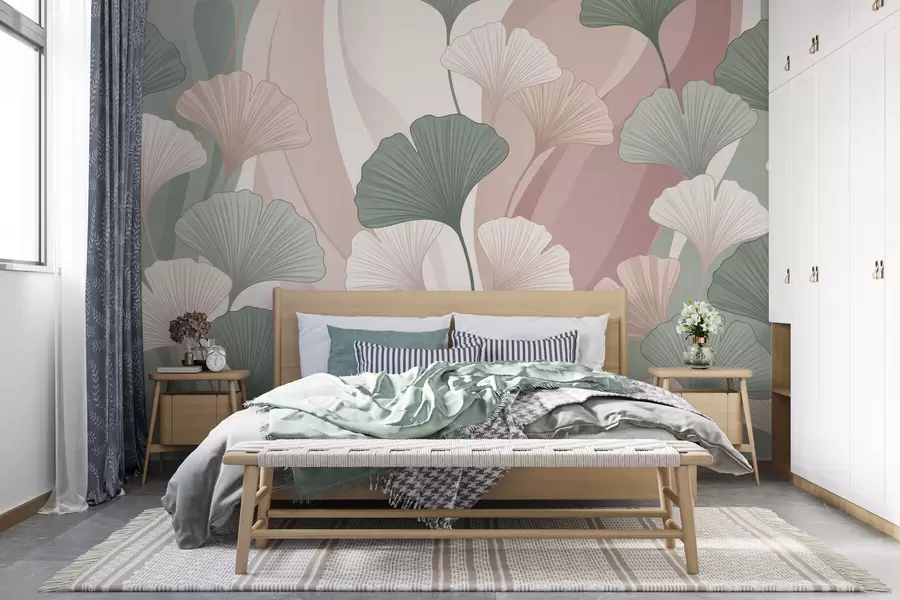 wall murals Pastel ginkgo leaves on an abstract background in shades of green, cream, beige, and dusty pink w10040