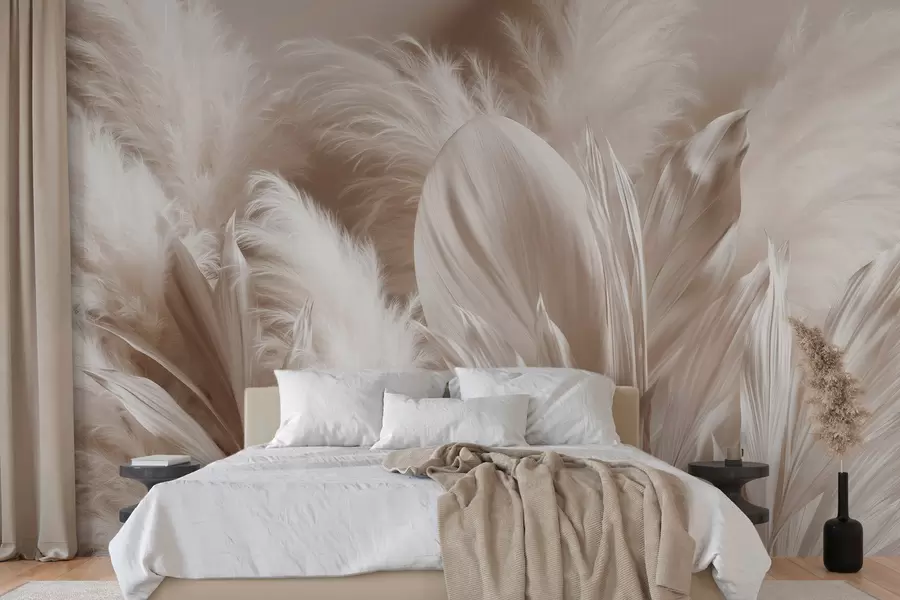 wall murals Delicate composition of fluffy pampas grass and large light botanical leaves in a cream and beige palette w10034