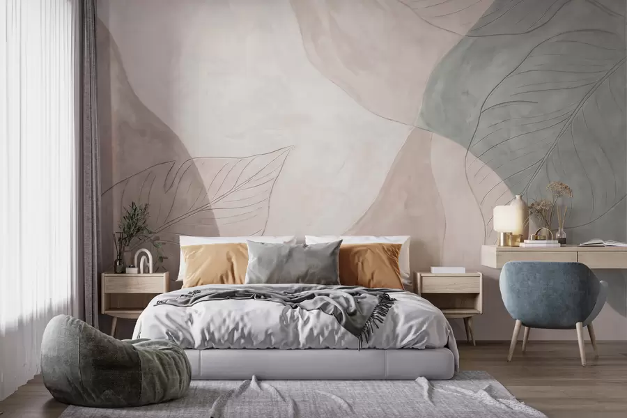 wall murals Abstract botanical composition with large leaves and organic shapes in shades of beige, cream, and green w10070