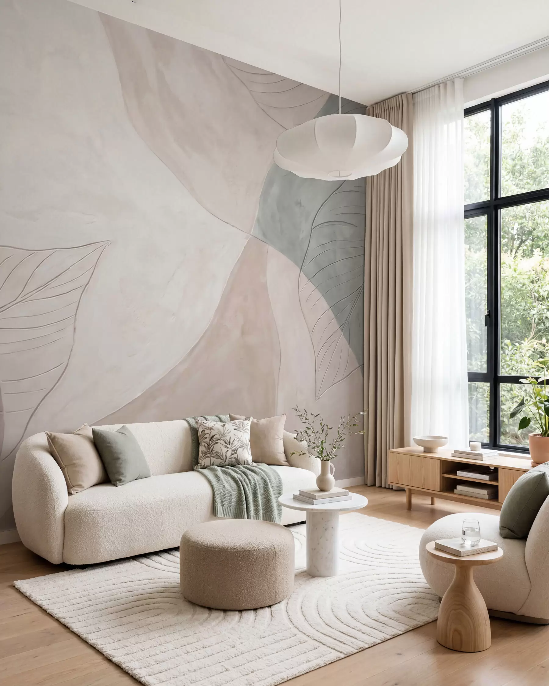 wall murals Abstract botanical composition with large leaves and organic shapes in shades of beige, cream, and green w10070