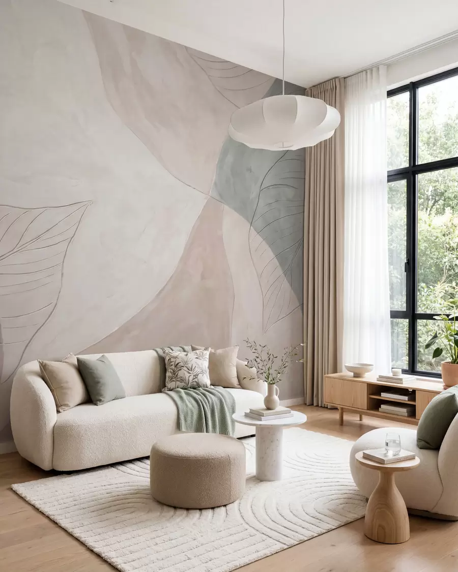 wall murals Abstract botanical composition with large leaves and organic shapes in shades of beige, cream, and green w10070
