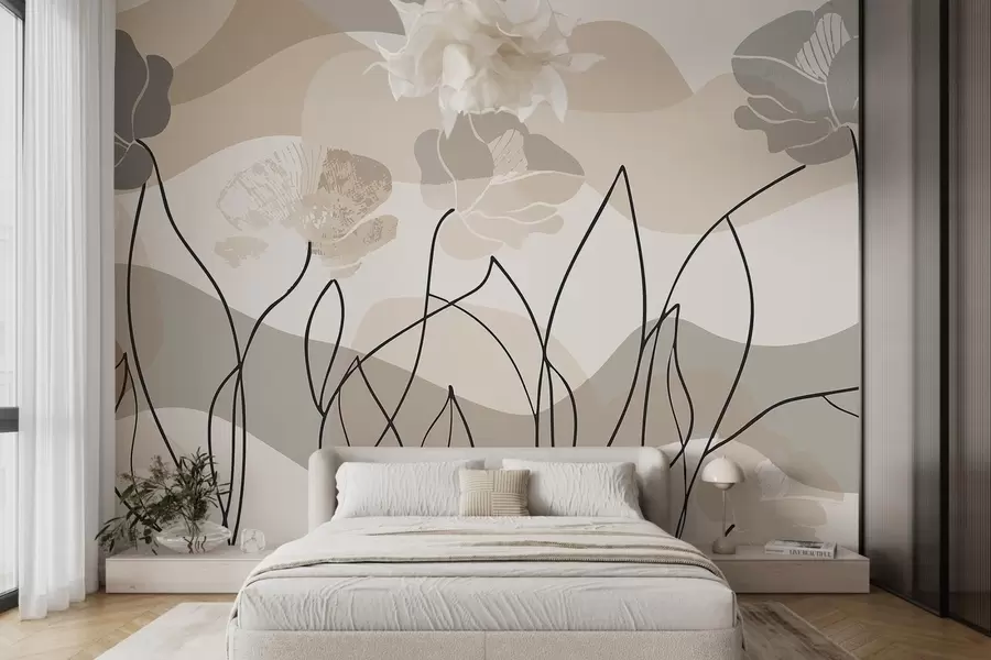 wall murals Beige Abstraction with Contour Flowers w09989