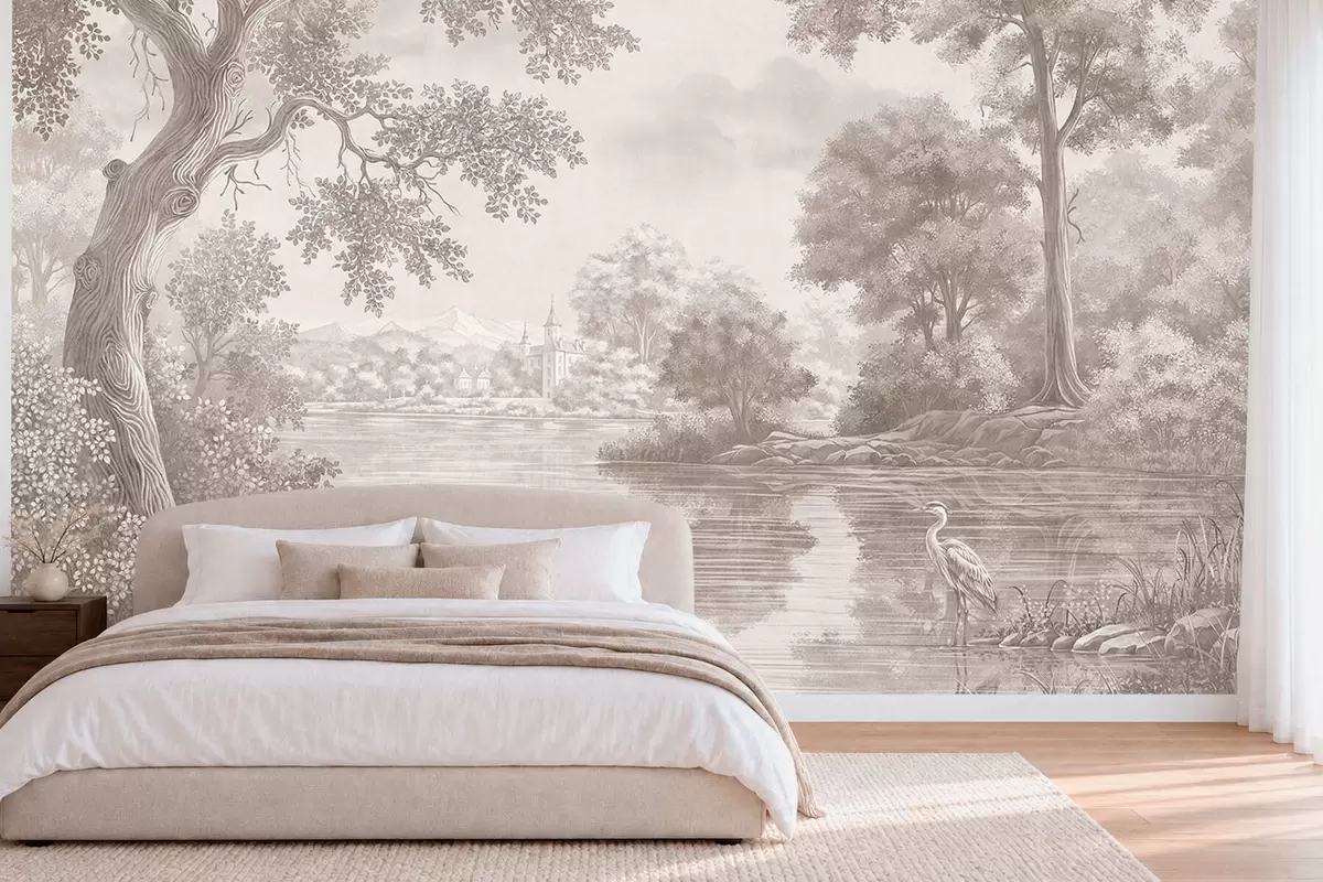 wall murals Monochrome forest landscape with a lake and heron w05805