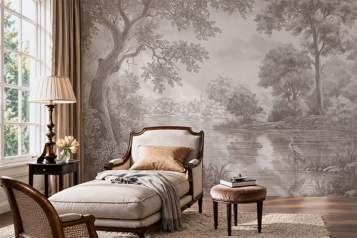 wall murals Monochrome forest landscape with a lake and heron w05805
