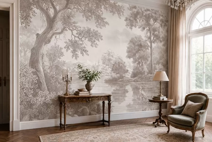 wall murals Monochrome forest landscape with a lake and heron w05805