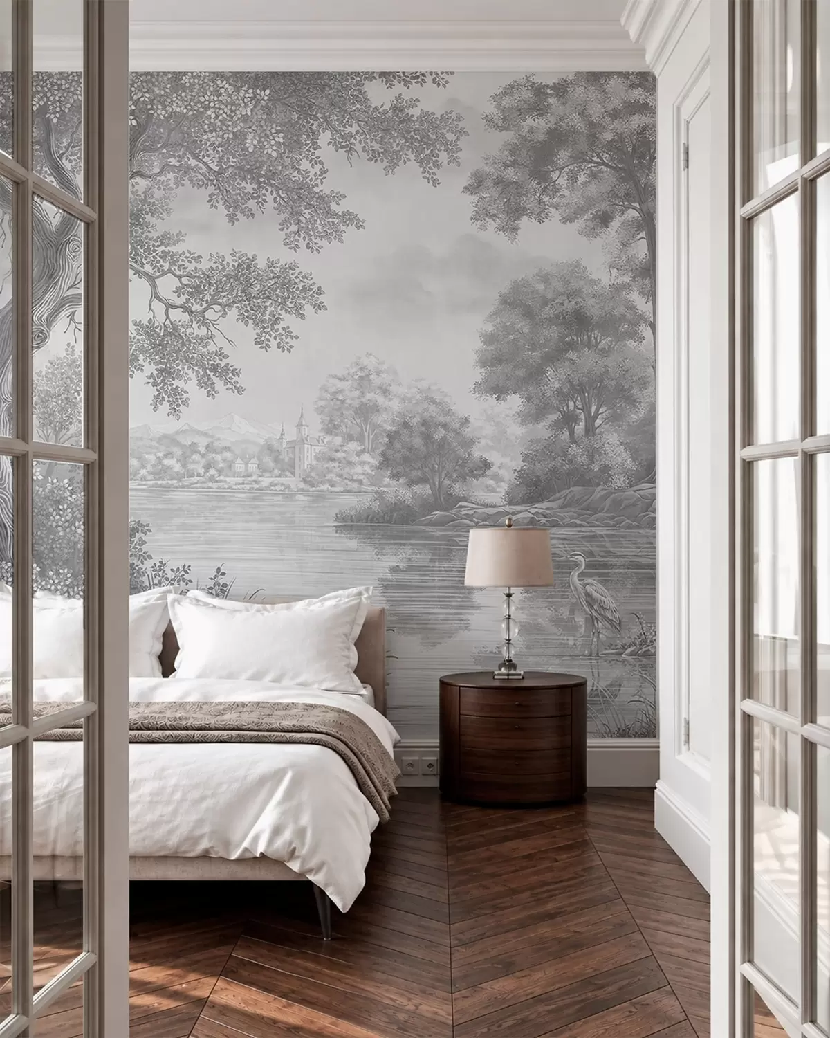 wall murals Gray forest scenery with a heron by the lake w05805v1