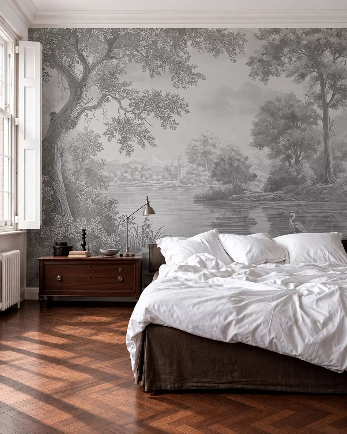 wall murals Gray forest scenery with a heron by the lake w05805v1